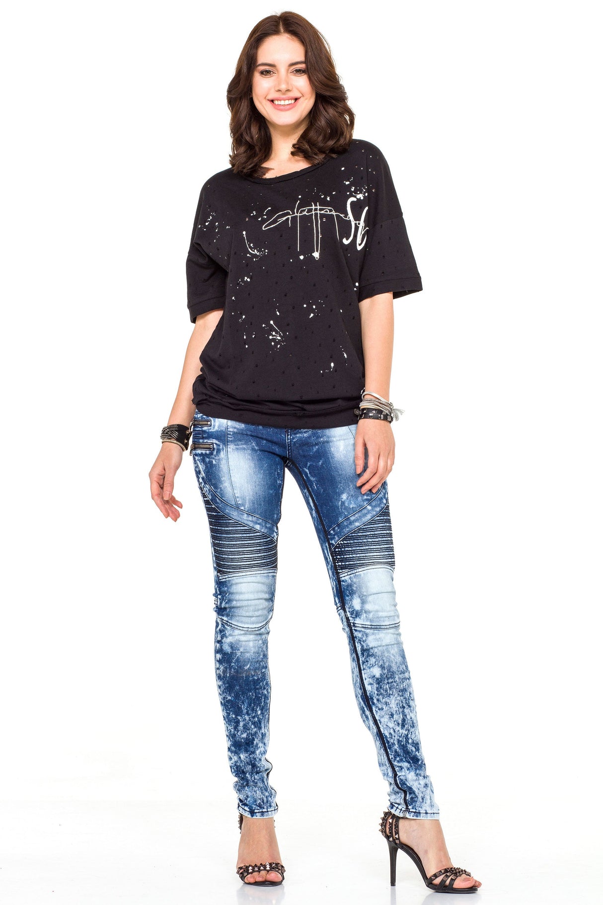 WT254 Oversized Women's T-Shirt with Lettering & Destroyed Details – Black