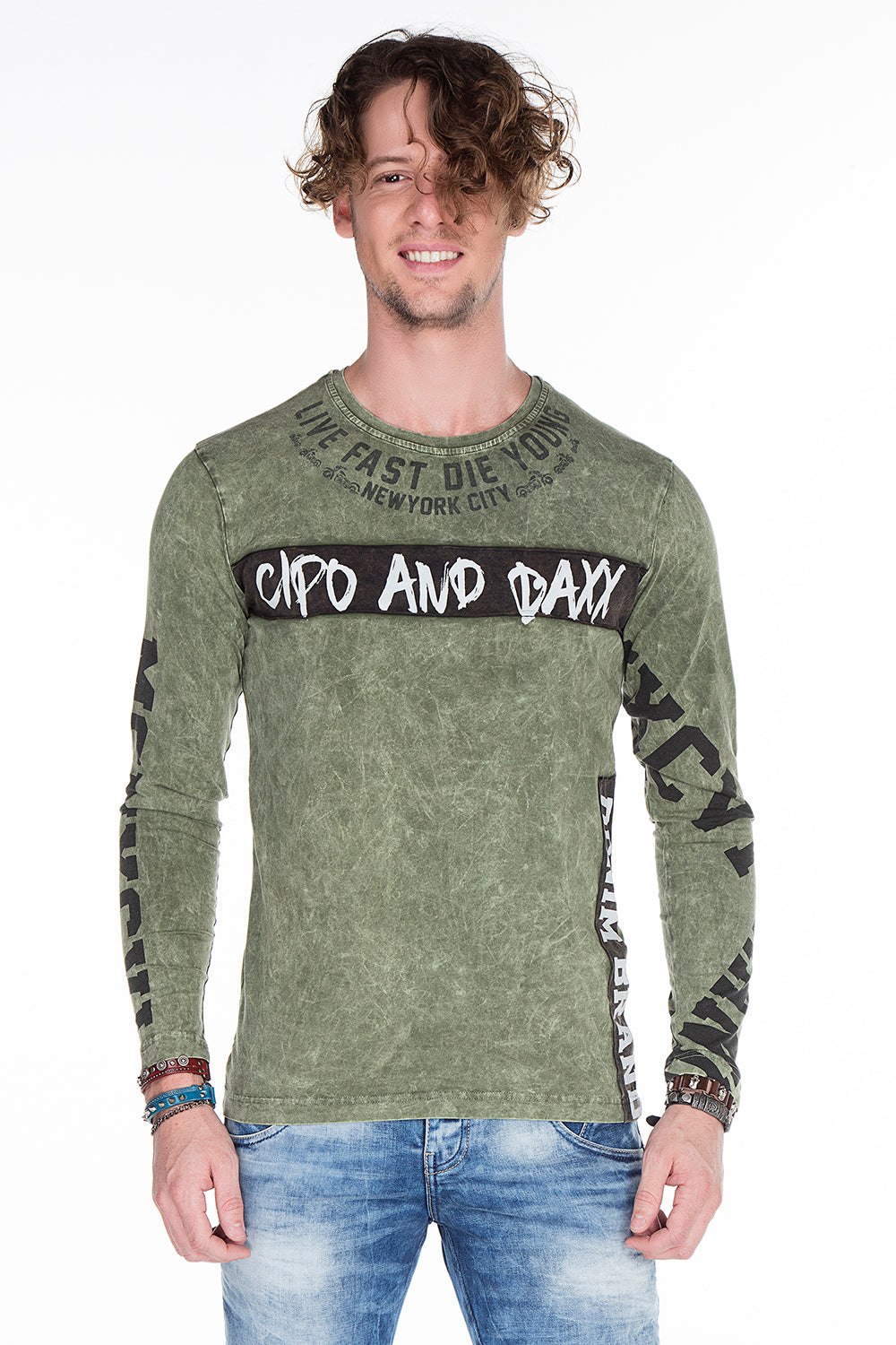 CL254 Men's Sweatshirt – Green Long Sleeve Pullover with Street Denim Print