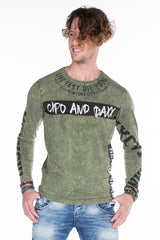 CL254 Men's Sweatshirt – Green Long Sleeve Pullover with Street Denim Print