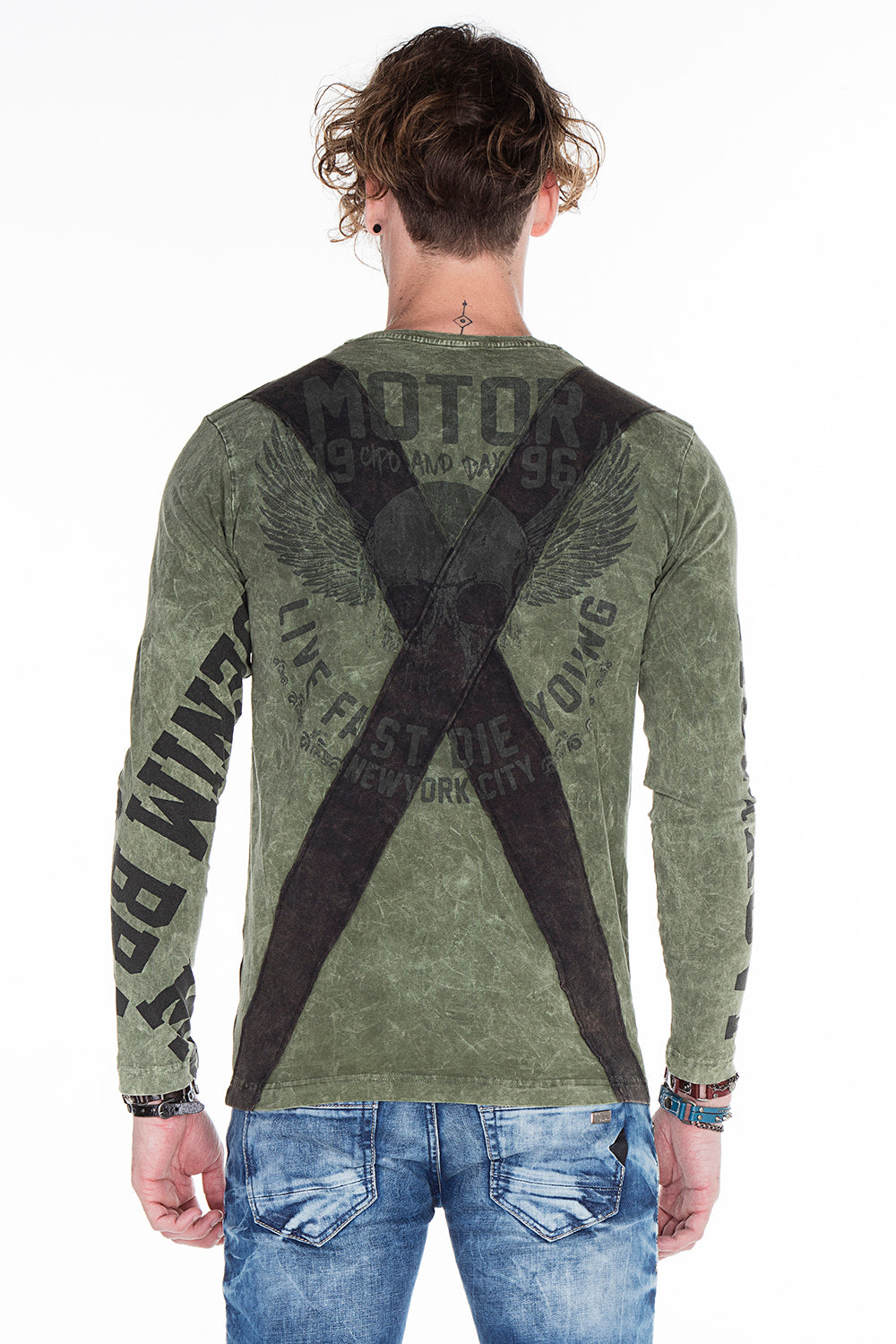 CL254 Men's Sweatshirt – Green Long Sleeve Pullover with Street Denim Print