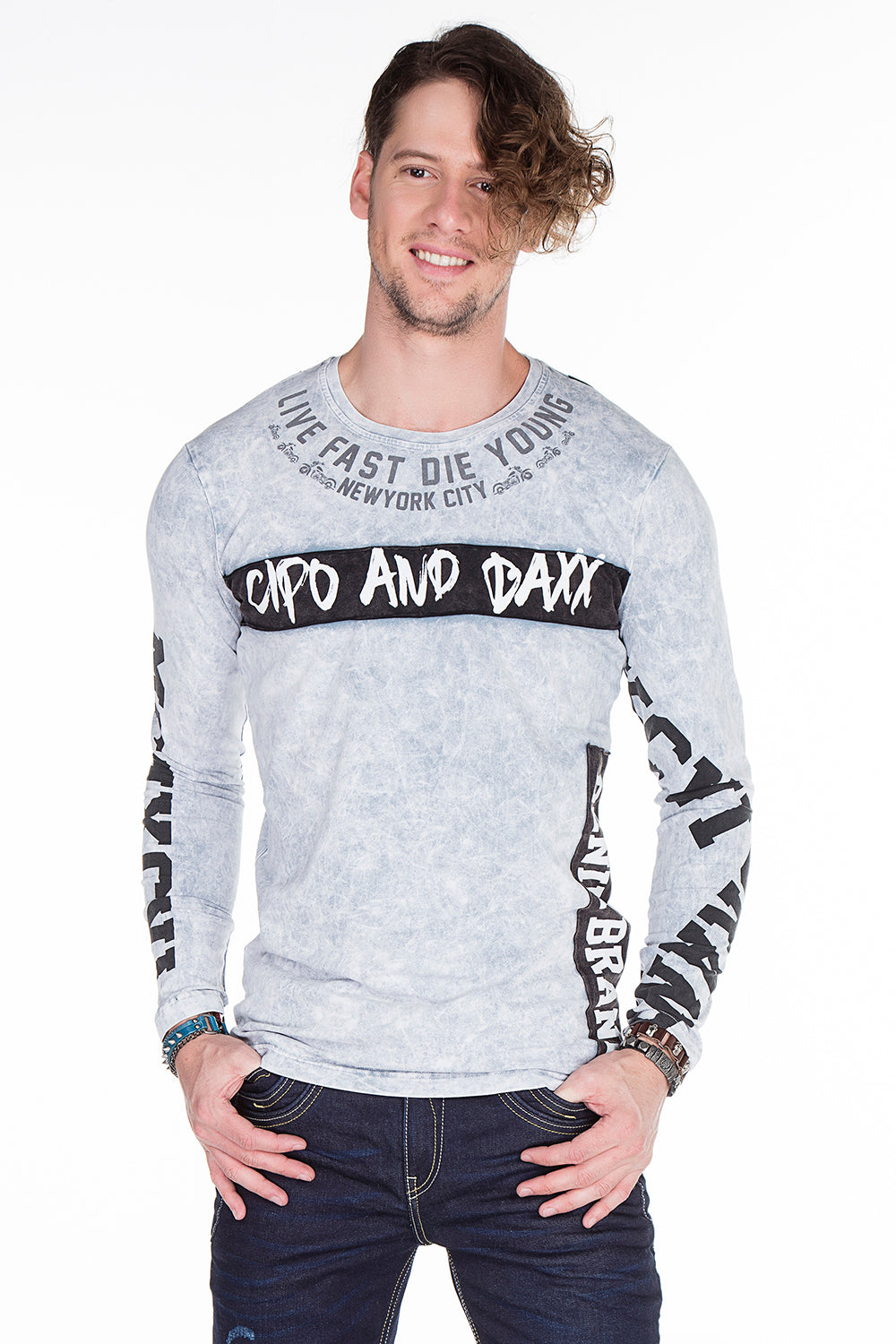 CL254 Men's Sweatshirt – Green Long Sleeve Pullover with Street Denim Print