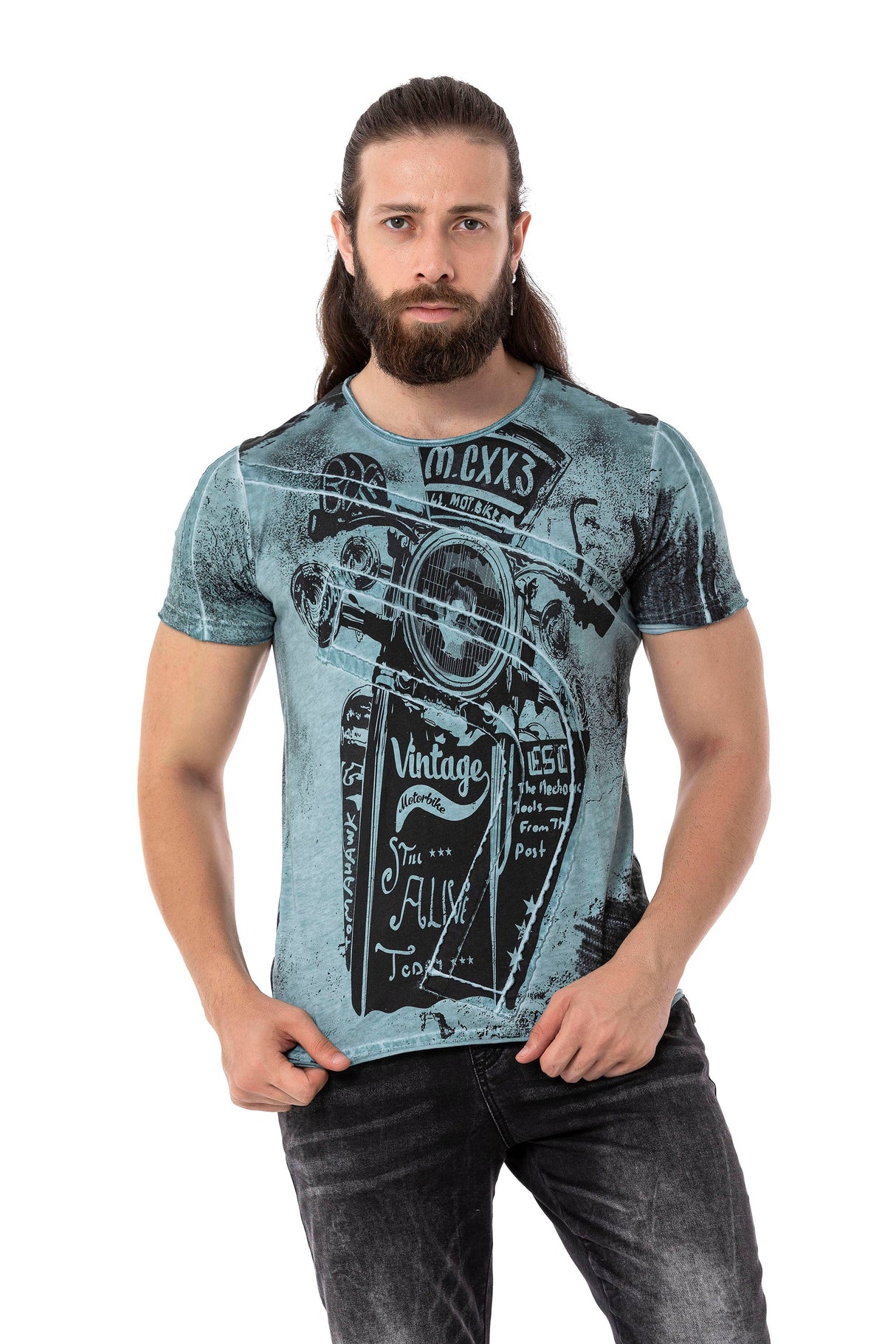 CT704 Men's T-shirt with vintage car print and used wash
