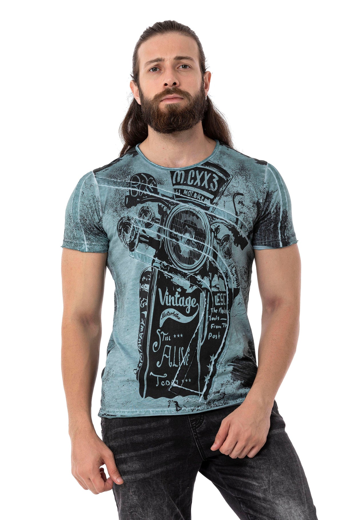 CT704 Men's T-shirt with vintage car print and used wash