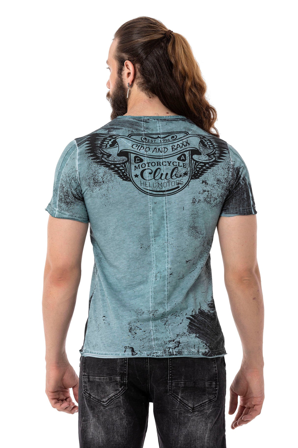 CT704 Men's T-shirt with vintage car print and used wash
