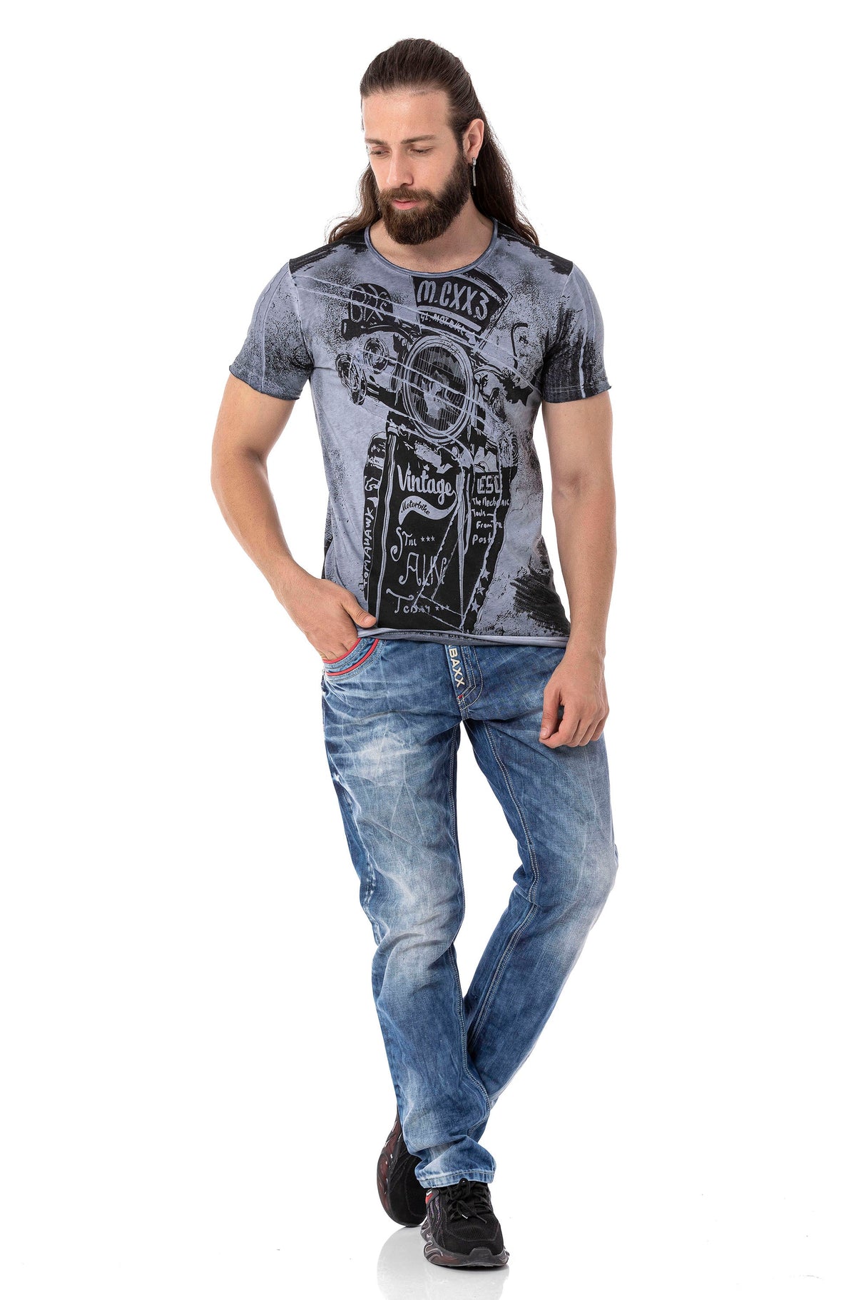 CT704 Men's T-shirt with vintage car print and used wash