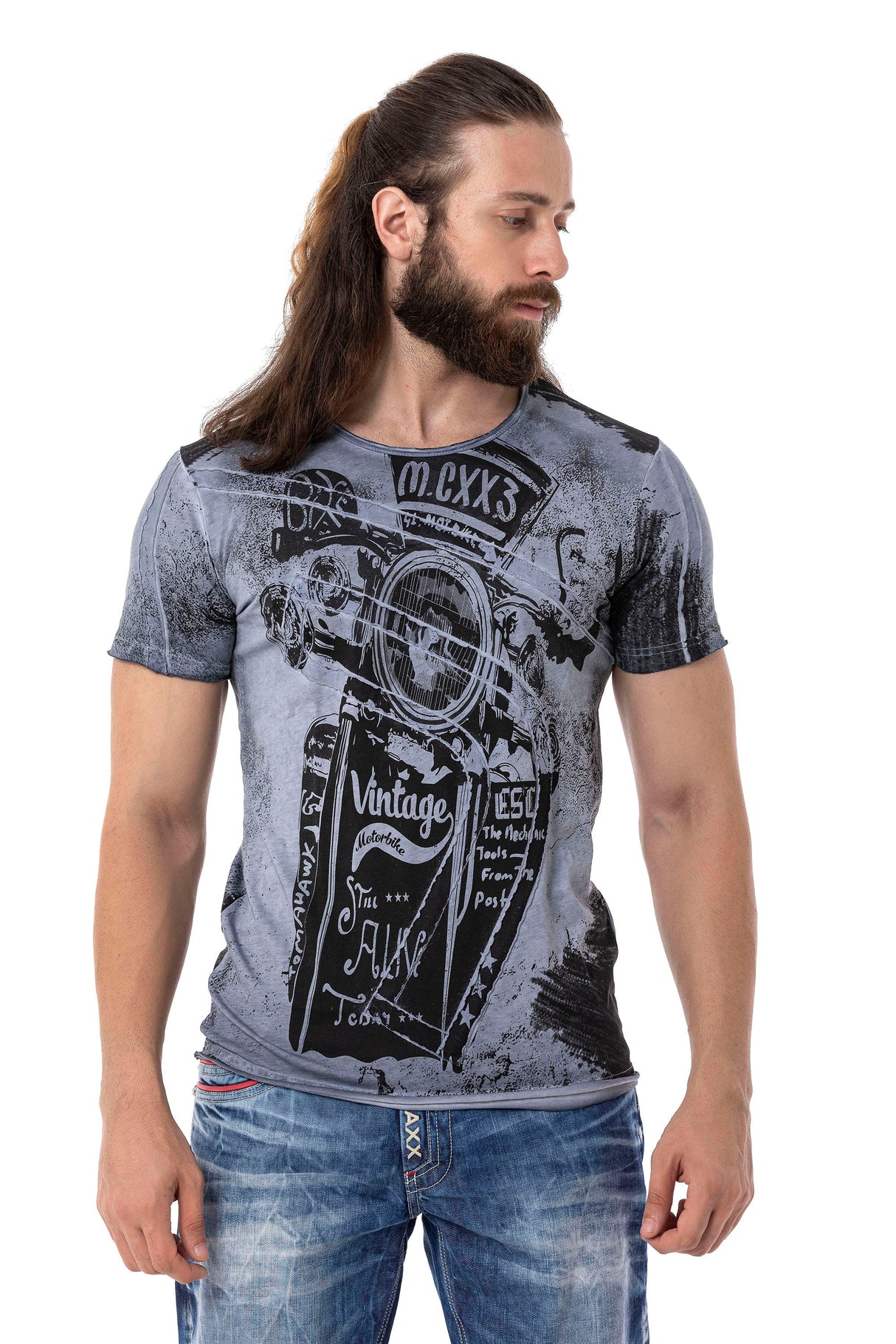 CT704 Men's T-shirt with vintage car print and used wash