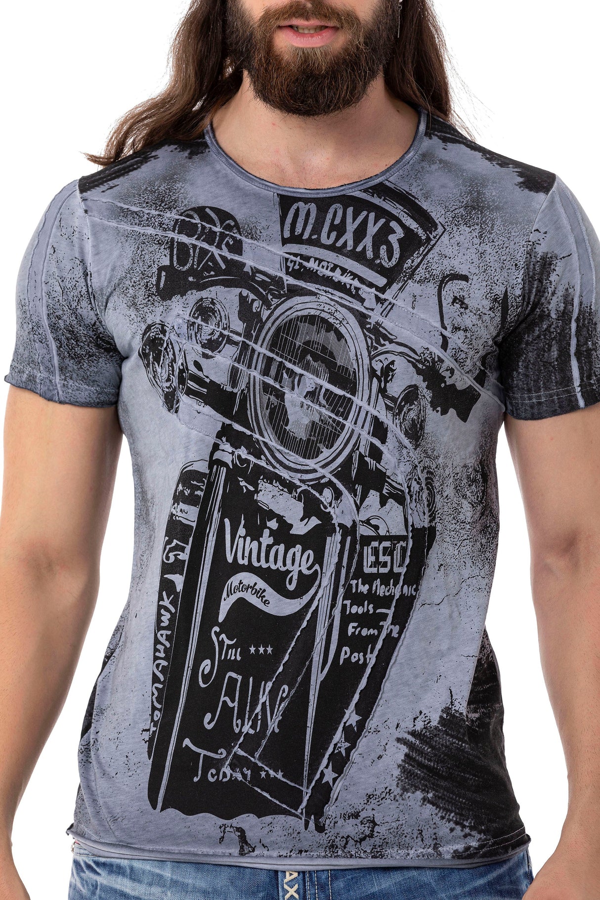 CT704 Men's T-shirt with vintage car print and used wash