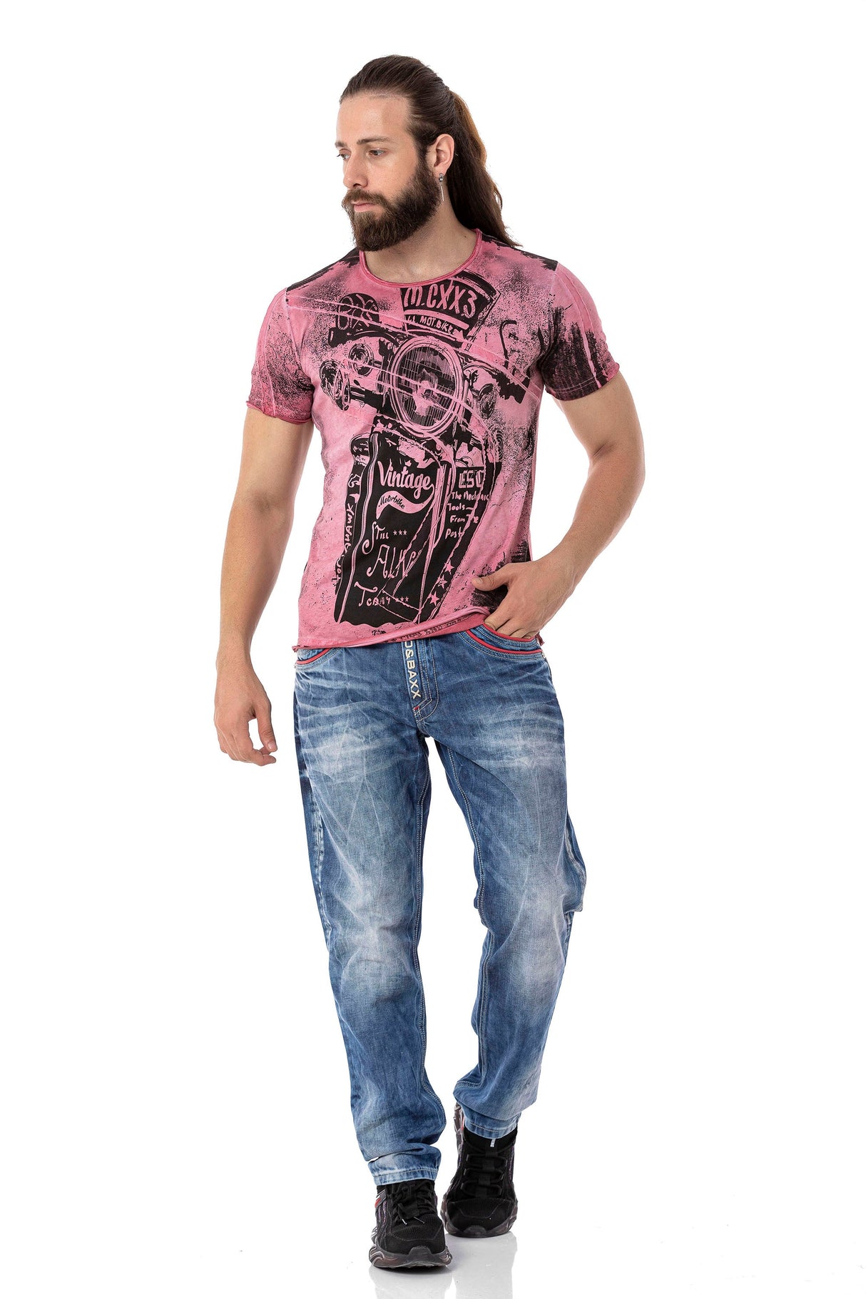 CT704 Men's T-shirt with vintage car print and used wash