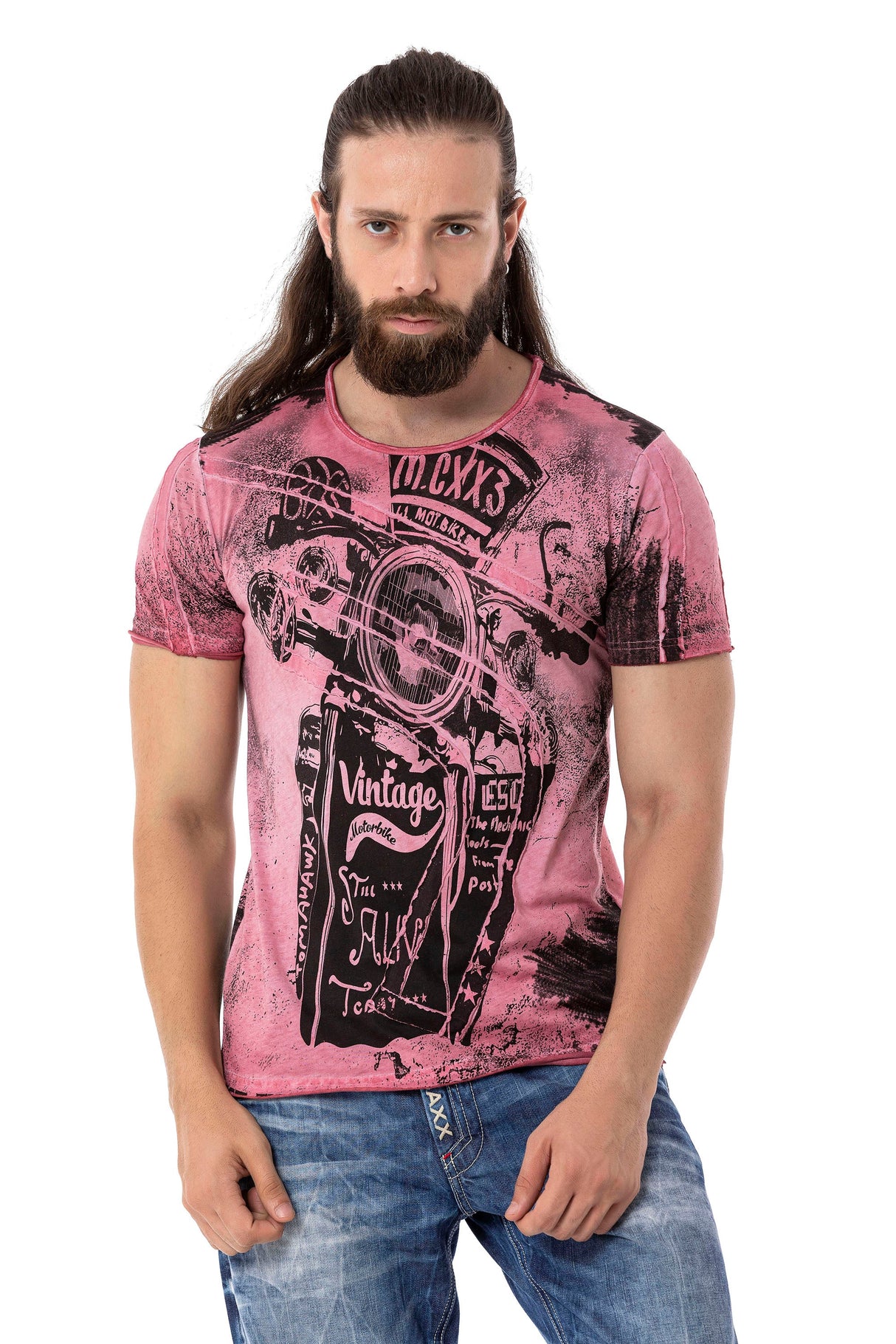 CT704 Men's T-shirt with vintage car print and used wash