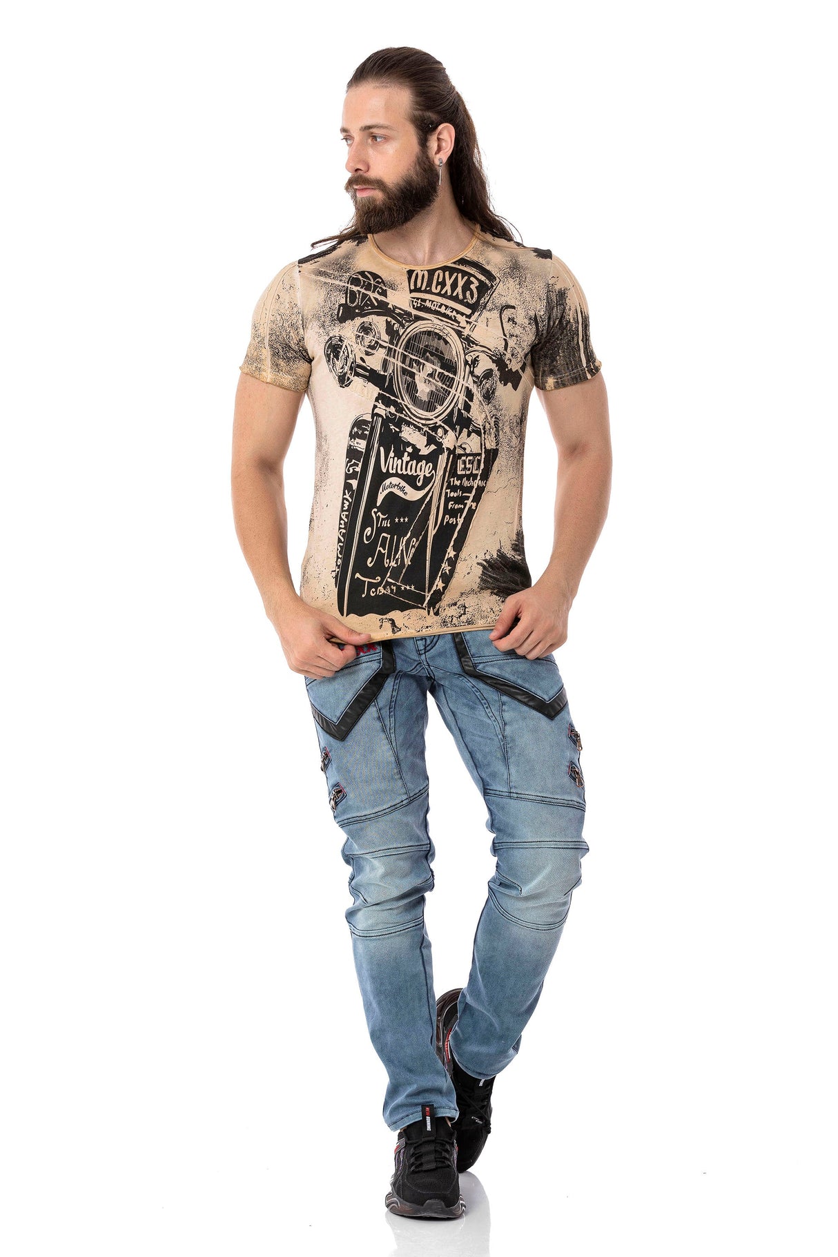 CT704 Men's T-shirt with vintage car print and used wash