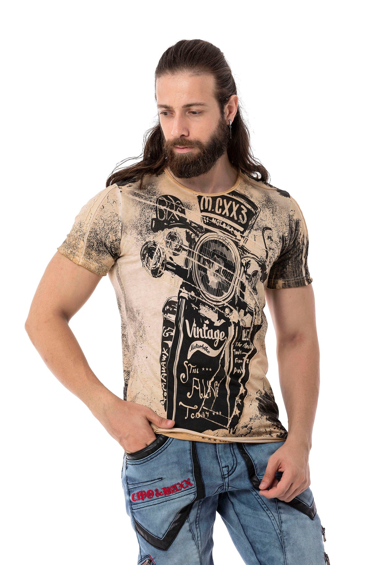CT704 Men's T-shirt with vintage car print and used wash
