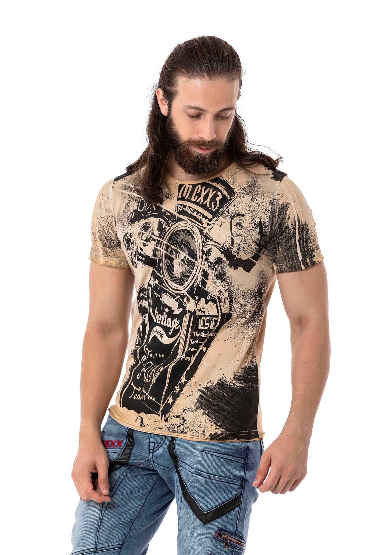 CT704 Men's T-shirt with vintage car print and used wash
