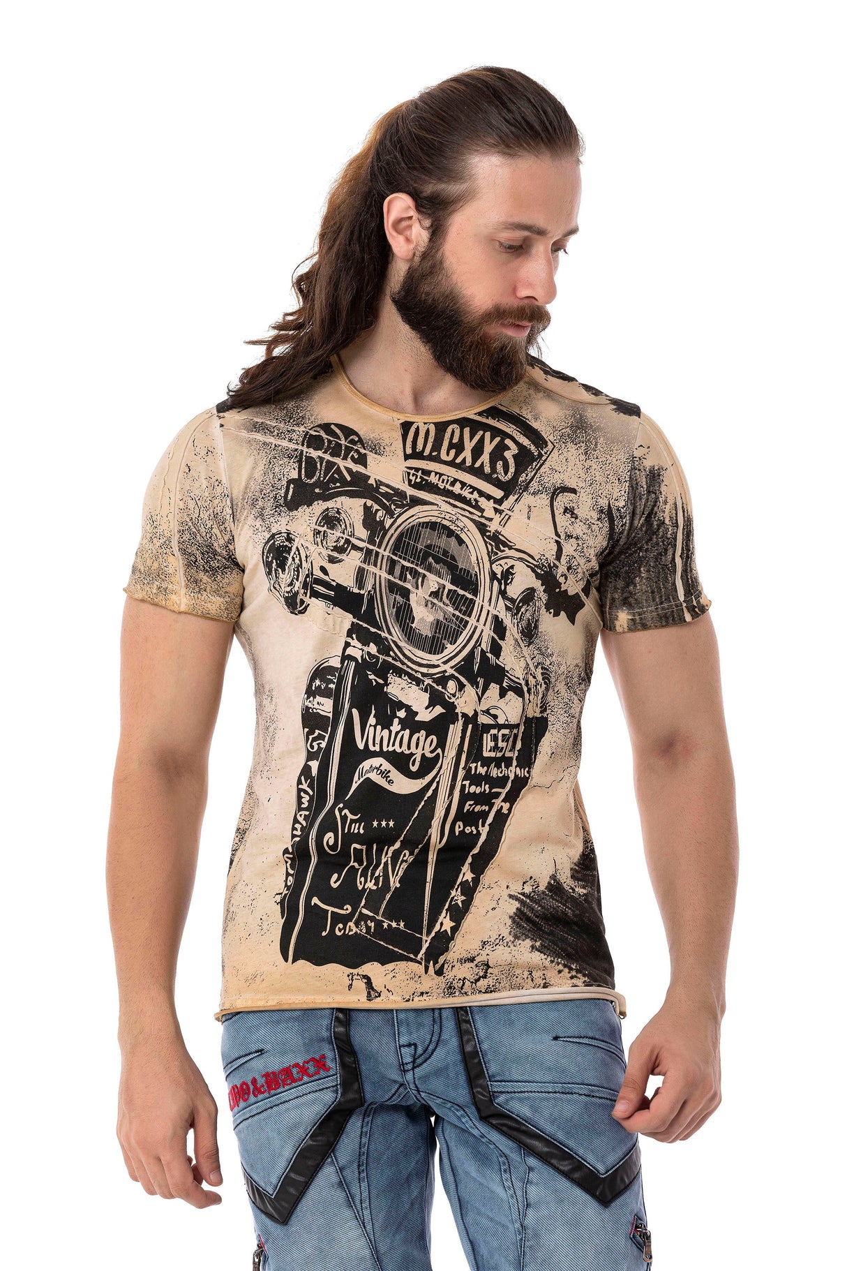 CT704 Men's T-shirt with vintage car print and used wash