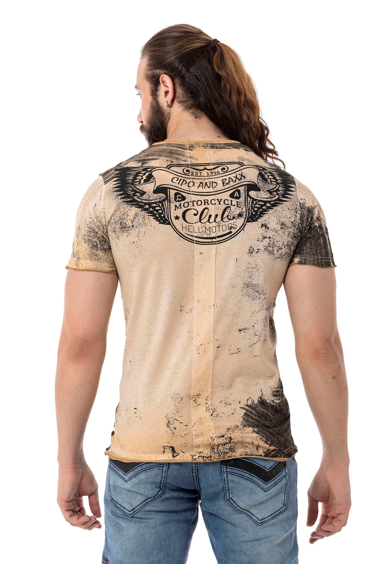 CT704 Men's T-shirt with vintage car print and used wash