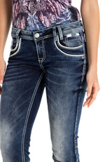 WD259 Women's Stonewashed Jeans with Colored Stitching in Casual Style