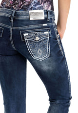 WD259 Women's Stonewashed Jeans with Colored Stitching in Casual Style