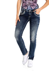 WD259 Women's Stonewashed Jeans with Colored Stitching in Casual Style