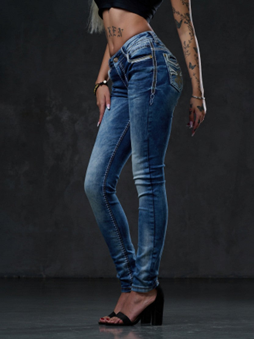 WD343 Women's skinny jeans with embroidery on the back pockets