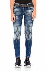 WD377 Women's skinny jeans with many appliqués
