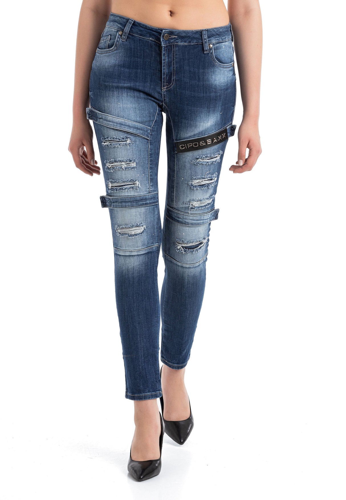 WD383 Women's skinny jeans in a cool biker look.