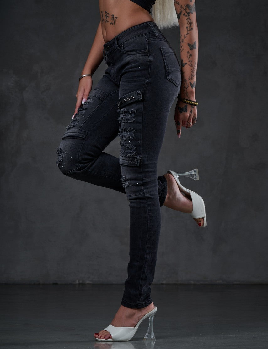 WD383 Women's skinny jeans in a cool biker look.