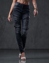WD383 Women's skinny jeans in a cool biker look.