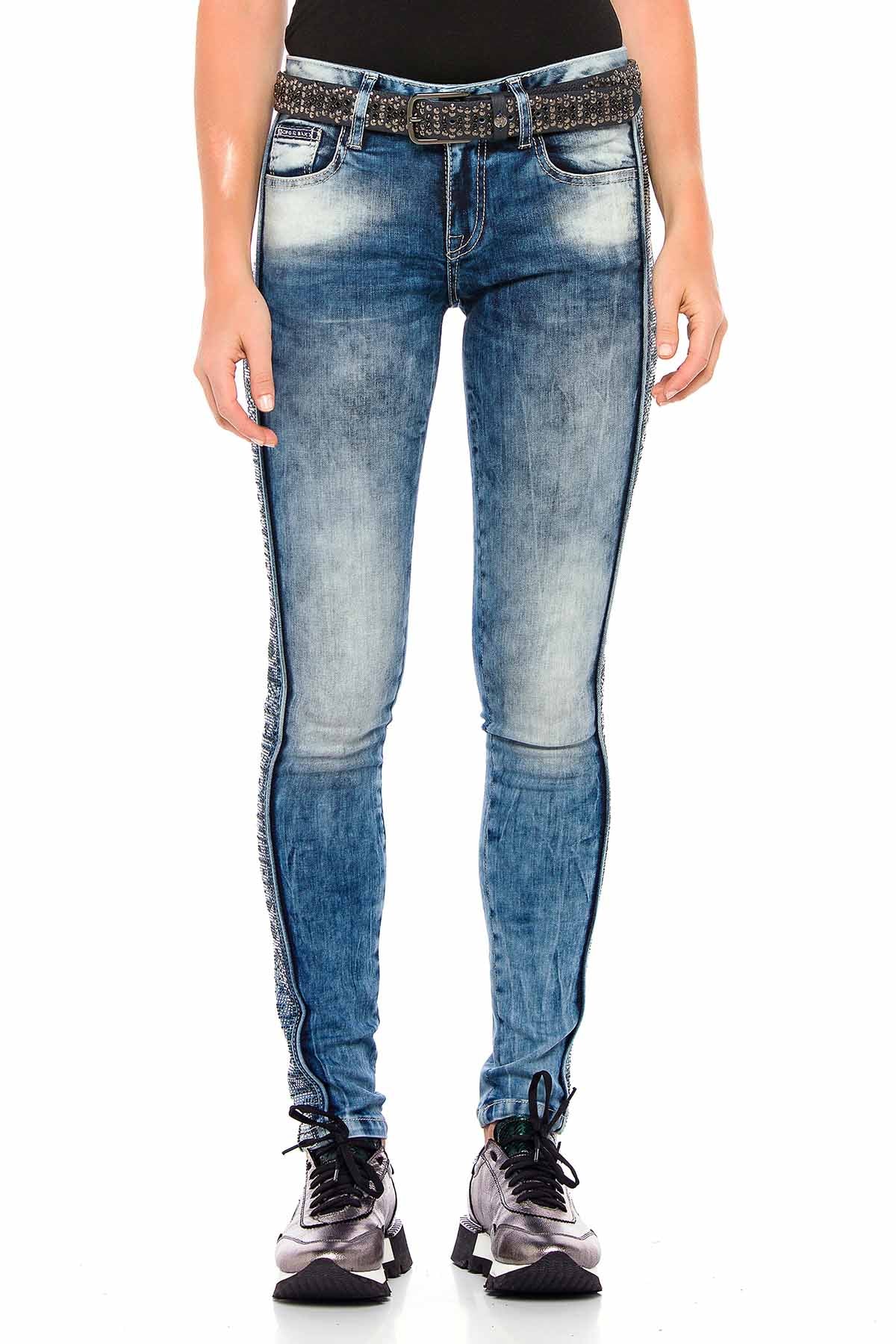 WD390 Women's Slim-Fit Jeans with Glitter Side Stripes
