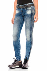 WD390 Women's Slim-Fit Jeans with Glitter Side Stripes