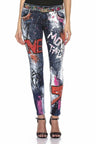 WD399 Women's Biker Jeans with Prints and Color Embellishments
