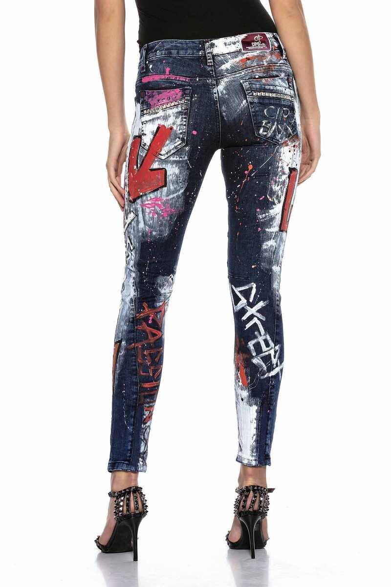WD399 Women's Biker Jeans with Prints and Color Embellishments