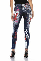 WD399 Women's Biker Jeans with Prints and Color Embellishments