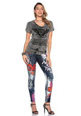 WD399 Women's Biker Jeans with Prints and Color Embellishments