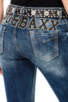 WD427 Women's comfortable jeans with rhinestone trim and brand embroidery