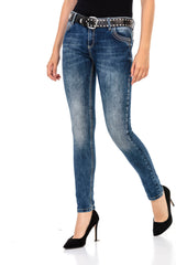 WD427 Women's comfortable jeans with rhinestone trim and brand embroidery