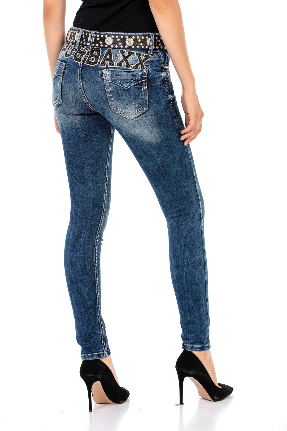 WD427 Women's comfortable jeans with rhinestone trim and brand embroidery