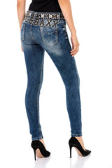 WD427 Women's comfortable jeans with rhinestone trim and brand embroidery