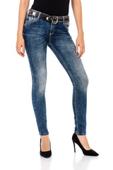 WD427 Women's comfortable jeans with rhinestone trim and brand embroidery