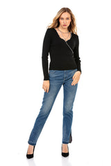 WD449 Women's comfortable jeans with trendy side slit
