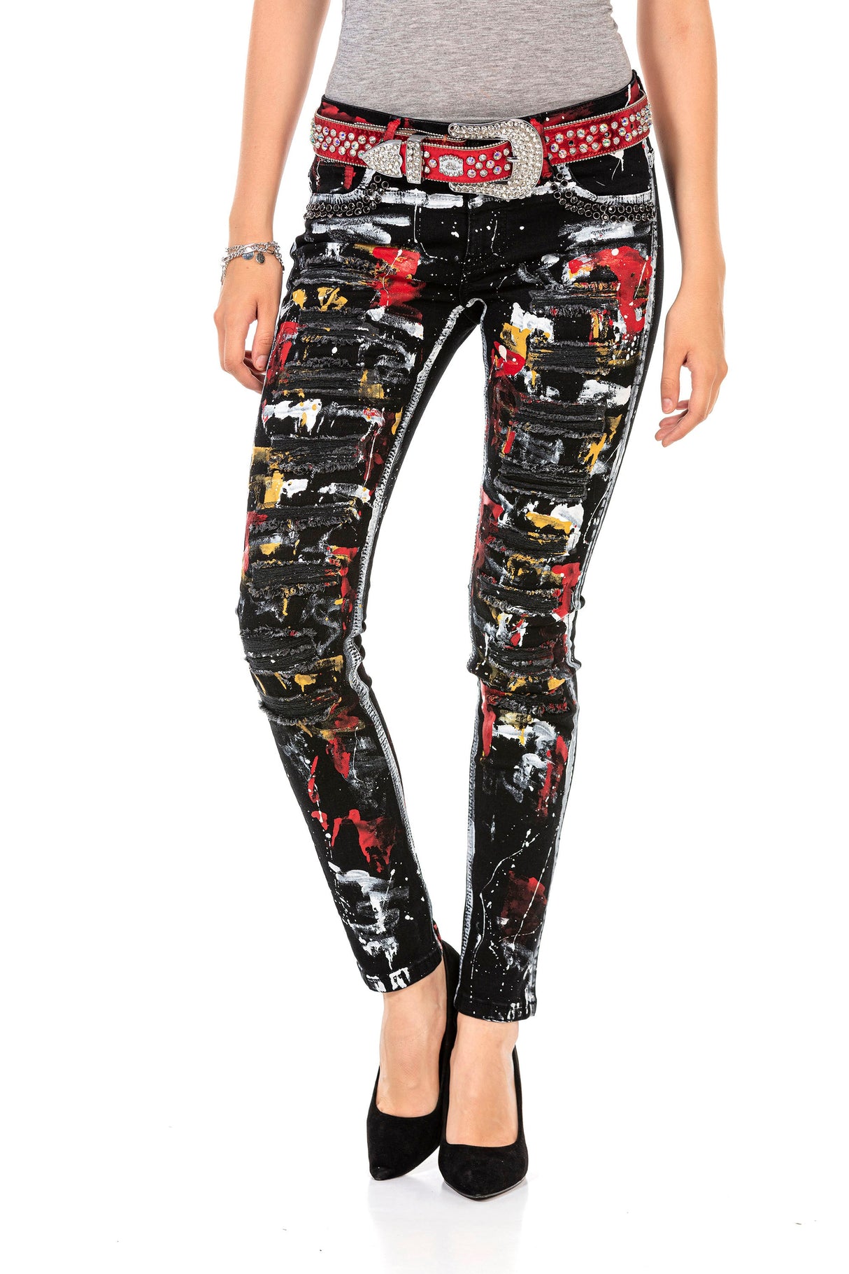 WD463 Women's slim-fit jeans in a trendy hand-painted design