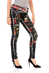 WD463 Women's slim-fit jeans in a trendy hand-painted design