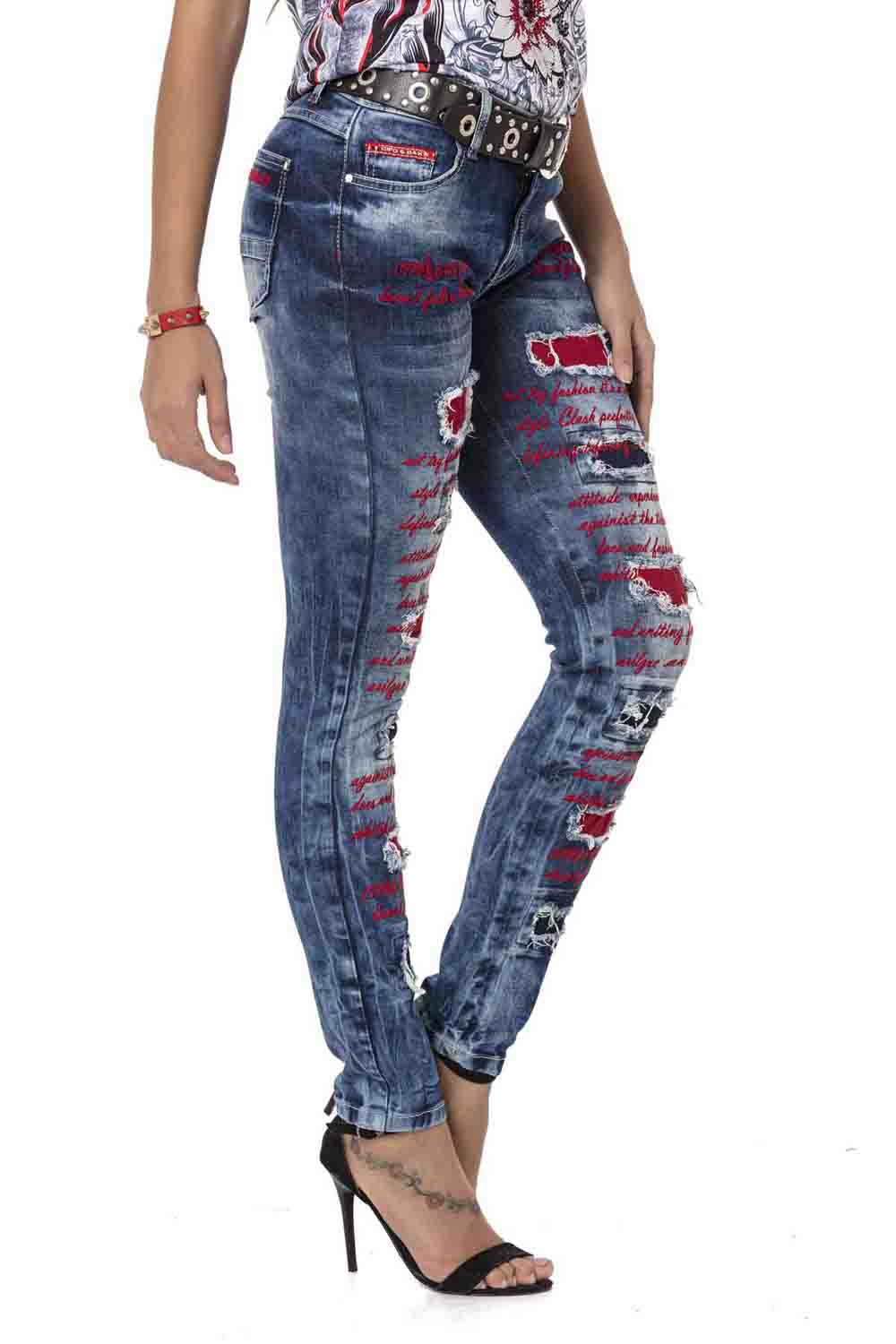 WD478 Women's slim-fit jeans with colored cut-outs