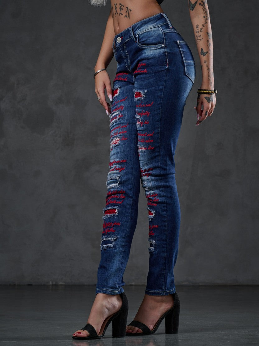 WD478 Women's slim-fit jeans with colored cut-outs