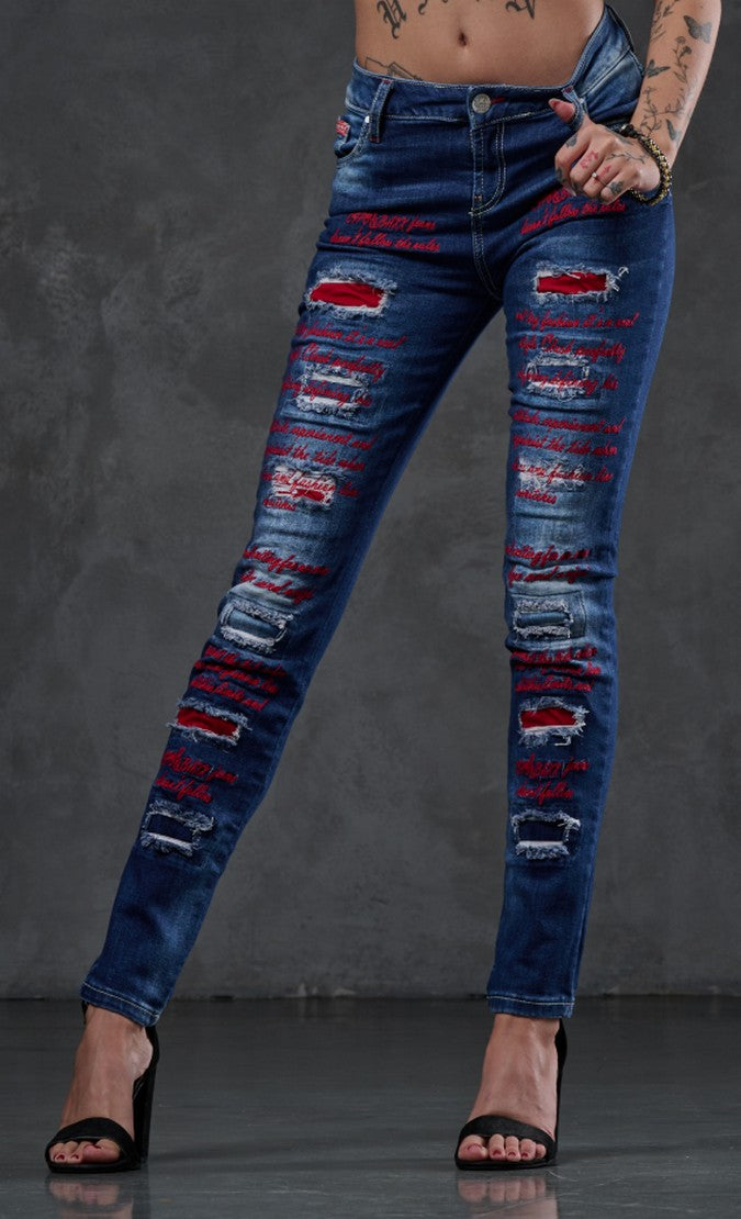 WD478 Women's slim-fit jeans with colored cut-outs