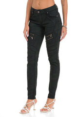 WD501 Women's Slim-fit Jeans with decorative stitching, zippers and brand logo