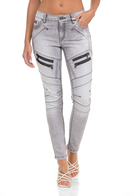 WD501 Women's Slim-fit Jeans with decorative stitching, zippers and brand logo