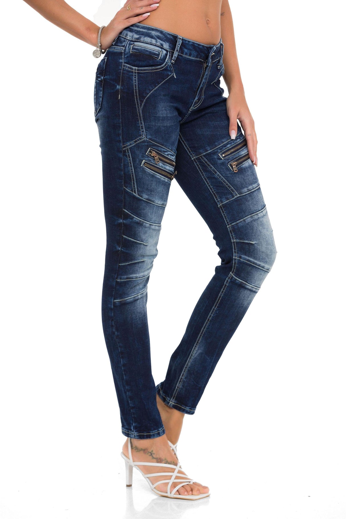WD501 Women's Slim-fit Jeans with decorative stitching, zippers and brand logo