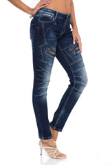 WD501 Women's Slim-fit Jeans with decorative stitching, zippers and brand logo