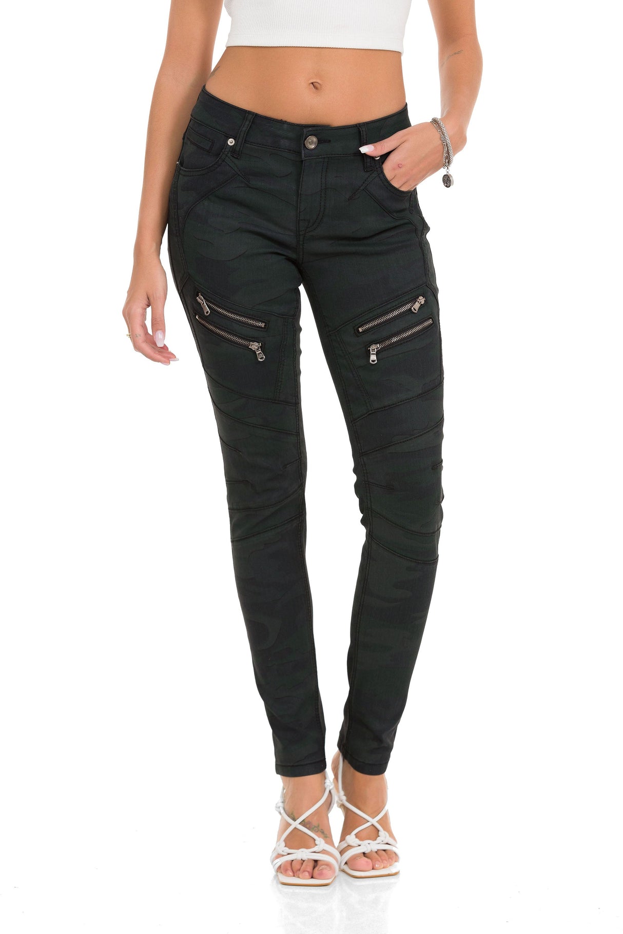 WD501 Women's Slim-fit Jeans with decorative stitching, zippers and brand logo