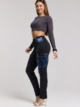 WD521 Women's Jeans Cargo Pockets with Patches for Skinny Jeans