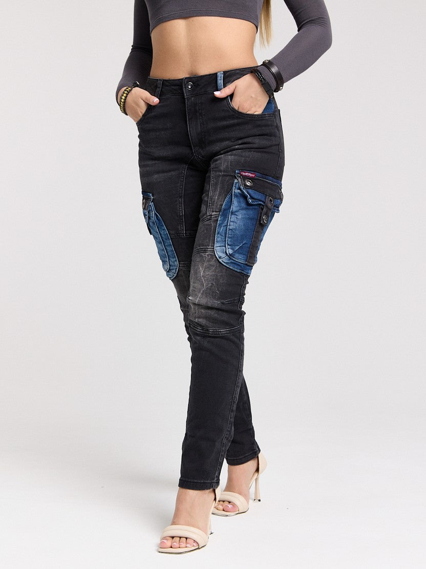 WD521 Women's Jeans Cargo Pockets with Patches for Skinny Jeans